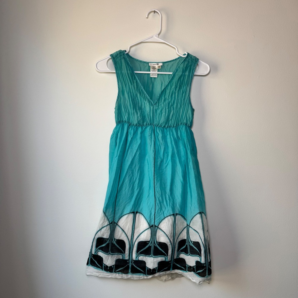 Vintage Sophie Max Y2K Silk Cotton Turquoise Floral Tunic Mini Dress S
